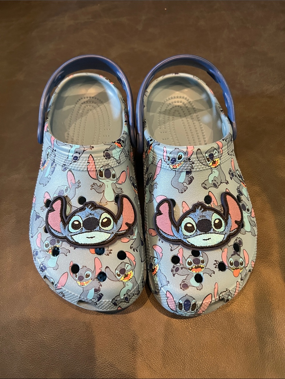 CROCS Stitch Print Clogs in Light Blue and Navy
